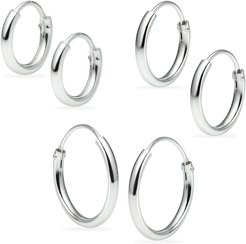 3 Pair Set 925 Sterling Silver Small Endless 1.2mm x 8mm, 10mm & 12mm Lightweight Thin Round Unisex Hoop Earrings, Assorted Colors