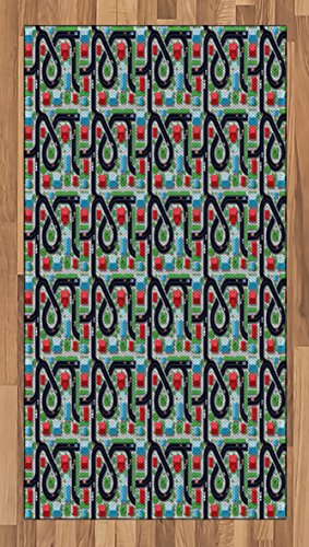 Ambesonne Kid's Car Race Track Roadway Activity Area Rug, Crossroads Top View in Highway with Houses and Trees, Flat Woven Accent Rug for Living Room Bedroom Dining Room, 2.6 x 5 FT, Multicolor