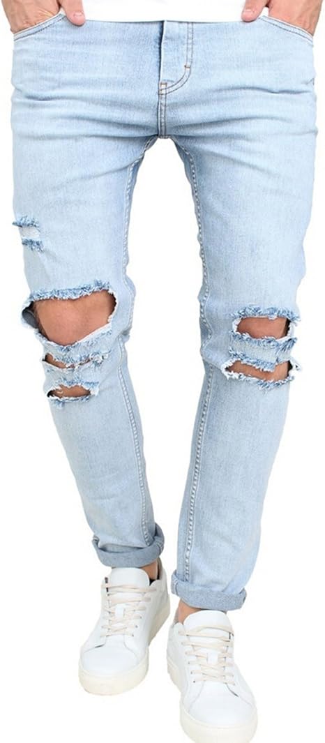 Amazon Doveeメンズskinny Ripped Washed Jeans Destroyed膝穴デニムbrokenライトブルーパンツ Us サイズ L カラー ブルー ジーンズ 通販