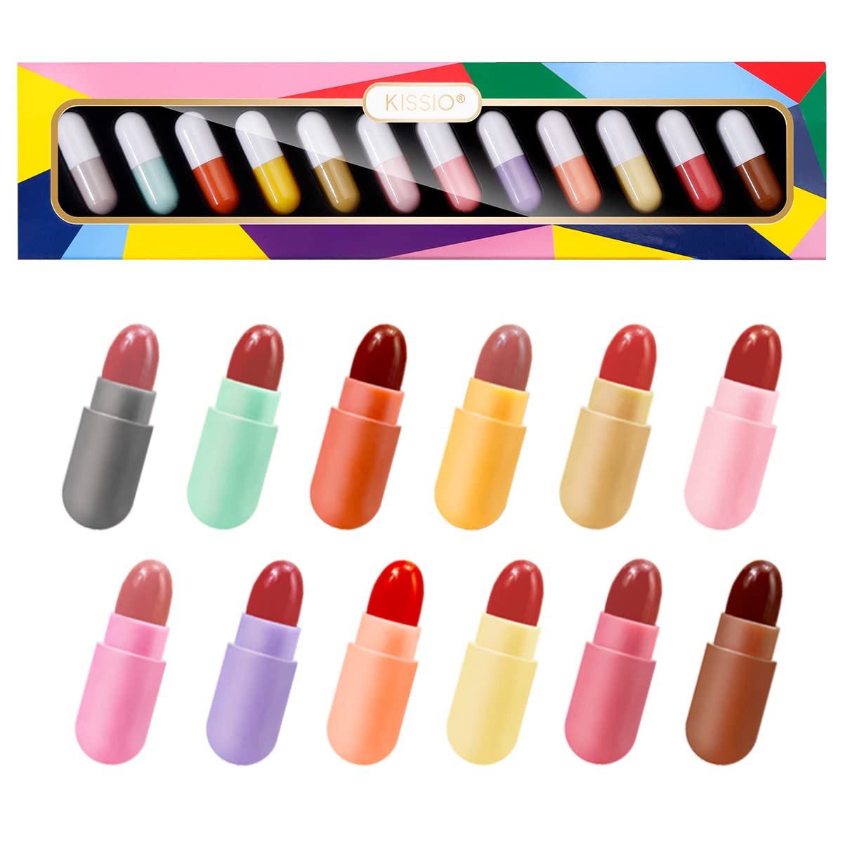 KISSIO Lipstick Set 12 Colors,Mini Matte Lipstick,Pill Lipstick Set,Waterproof Long Lasting Mini Capsules Lipstick,Travel Friendly,Cruelty Free,2.33 Oz