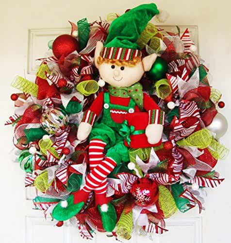Amazon.com: CLEARANCE XL Christmas Elf with Gift Deco Mesh ...