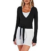Meihuida Women Wrap Top Long Sleeve Deep V Neck Tie Workout Ballet Pilates Yoga Shirt with Thumb Holes