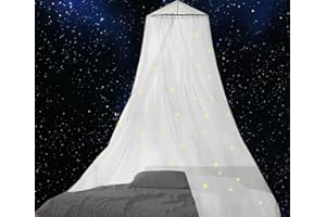 BCBYou Mosquito Net Canopy with Glow in Dark Stars for Baby, Kids, and Adults - Cover The Crib, Kids Bed, Full Size Bed (White)