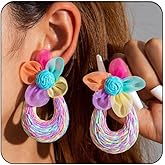 Vintage Flower Earrings for Women,Boho Colorful Handmade Weaving Flower Earring Statement Geometry Straw Dangle Drop Earring Beach Party Wedding Jewelry
