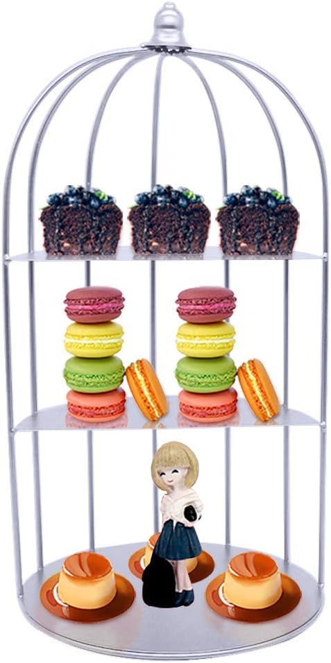 Weisfe78 3 Tier Iron Cupcake Stand, Tiered Serving Cake Stand, Round Bird Cage 3 Colors Heart-Shaped Hollow Out Dessert Stand, Weddings Parties Pastry Serving Tray