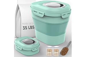 PAFINO Dog Food Storage Container, 30-35Lbs Collapsible Dog Food Container with Airtight Lids,Wheels,Scoop and 2PCS Pet Food Storage Containers,Large Dry Pet food Container for Dog, Cat and Other Pet-Green