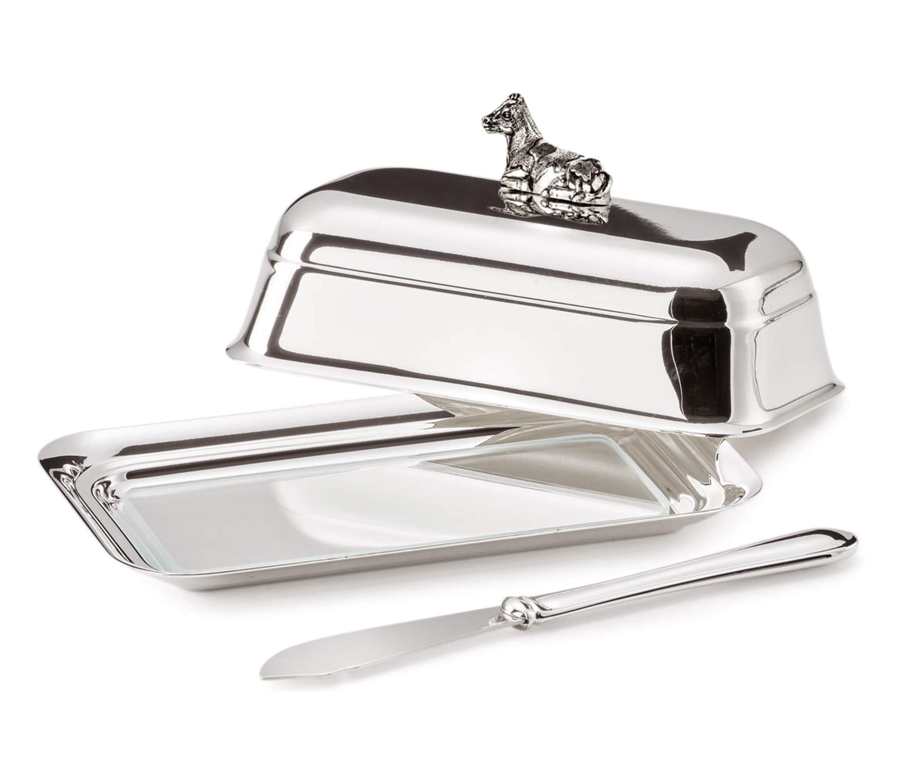 EDZARD Butter Dish Cow for 180 gram Butter, Silver Plated, high Gloss Polished, with Glass Insert, Including Butter Spreader
