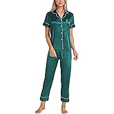 Women's Satin Pajamas Set 2 Piece Pj Set Sleepwear Notch Collar Short Sleeve T-Shirt Button-Down Loungewear with Long Pants