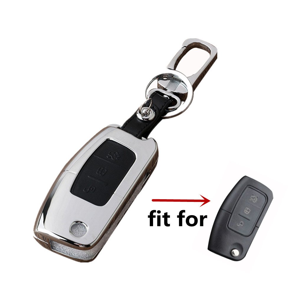 Happyit Zinc Alloy + Leather Car Folb Key Cover Cases for Ford Fiesta 3 Buttons Remote Control with Keychain Car Accessories (C Black)