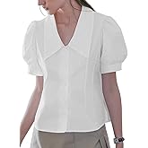 Women's Short Sleeve Button Down Shirt, Deep Collar Puff Sleeves Blouse, Pleated Waist Top for Casual & Office Wear