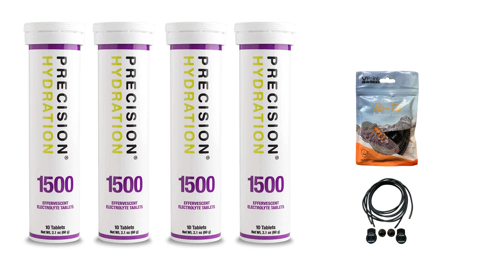 Precision Hydration Electrolyte Tablets - 4 Tubes of 10 x Tabs (1500 Strength). Bundled with a pack of VPoint Leisure Elastic No-tie Reflective Shoe Laces