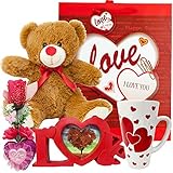 Valentines Day Gift Basket Set | 12 Inch Teddy Bear Plush, 15 Oz Ceramic Mug, I Love you Flower Box, Love Red Shaped Photo Frame & V-Day Themed Gift Bag | For Her Wife Girlfriend Mother Daughter