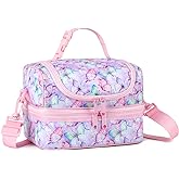 VASCHY Lunch Box Bag Kids, Insulated Two Compartments Bento Cooler Bags for Girls w Shoulder Strap for School,Daycare,Kindergarten,Picnic Pink Butterfly