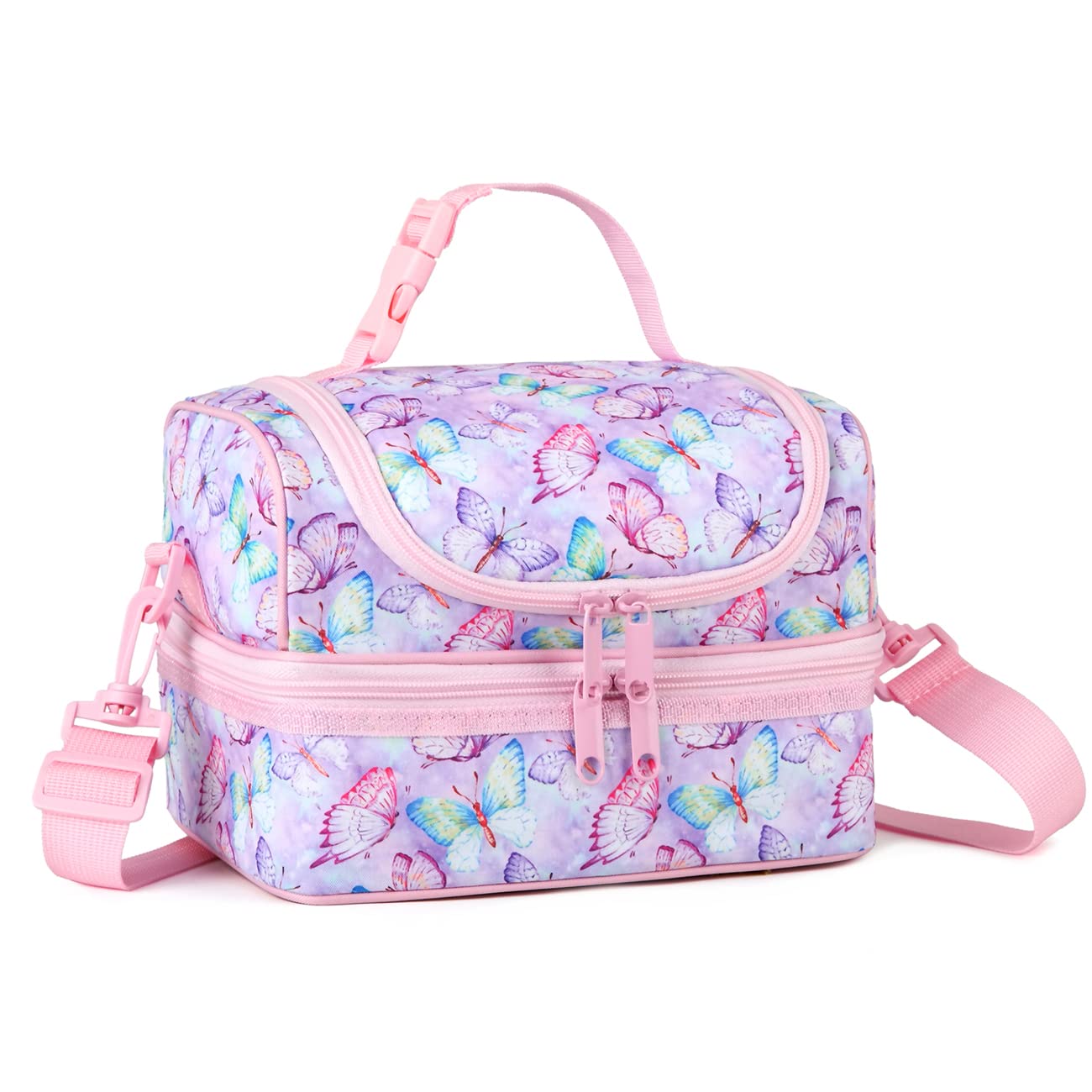 VASCHY Insulated Lunch Bag for Girls, Portable Lunch Bag Separate Compartments Reusable Lunch Handbag with Adjustable Shoulder Strap for School and Picnic (Pink Butterfly), Pink Butterfly