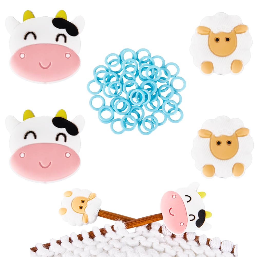 SUNNYCLUE 1 Box 54Pcs Knitting Needle Point Protectors Stitch Stopper Sheep Cow Cute Silicone Animal Needle Stoppers Protector End capss Round Crochet Markers for Crocheting Quilting Knitting Needles