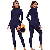 WOWENY Mock Neck Thermal Underwear Set For Women Long Johns Base Layer Fleece Lined Top And Bottom Cold Weather