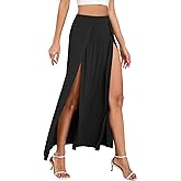 Zando Women's Double Slit Maxi Skirt - High Elastic Waist Flowy Long Split Skirt