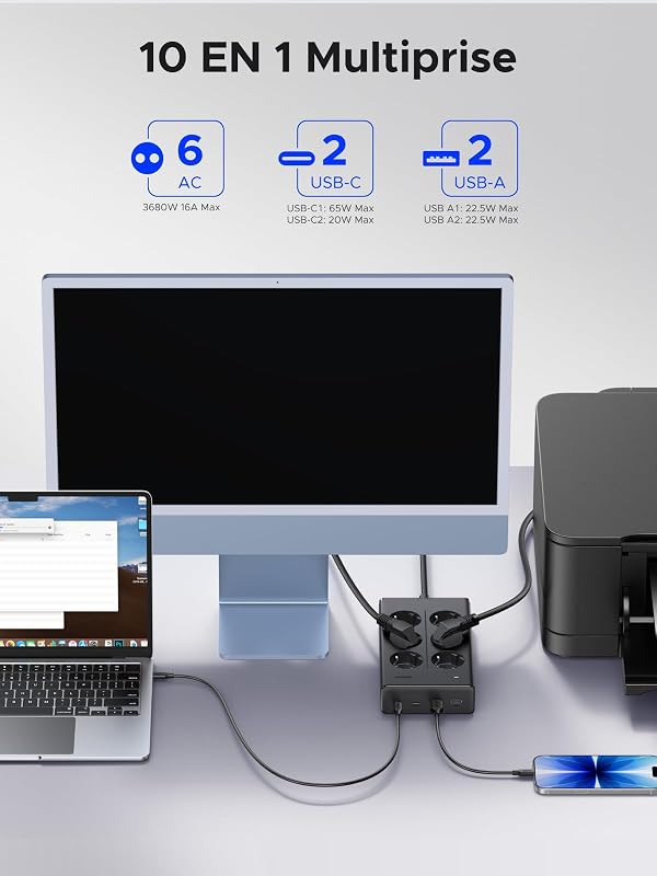 10 EN 1 Multiprise PD 65W USB C 6 Prises avec Interrupteur 3680W 16A — photo 2 sur 8