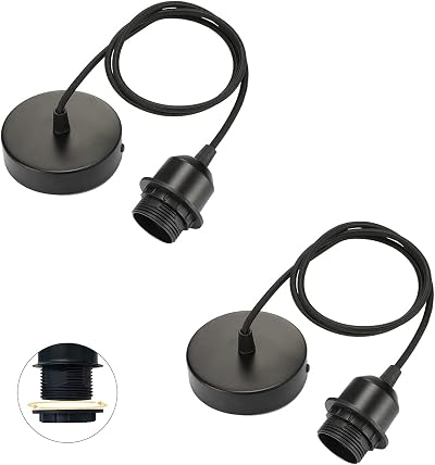 Linkind E27 Pendant Light Fitting 2 Pack Black with 100cm Braided Cable