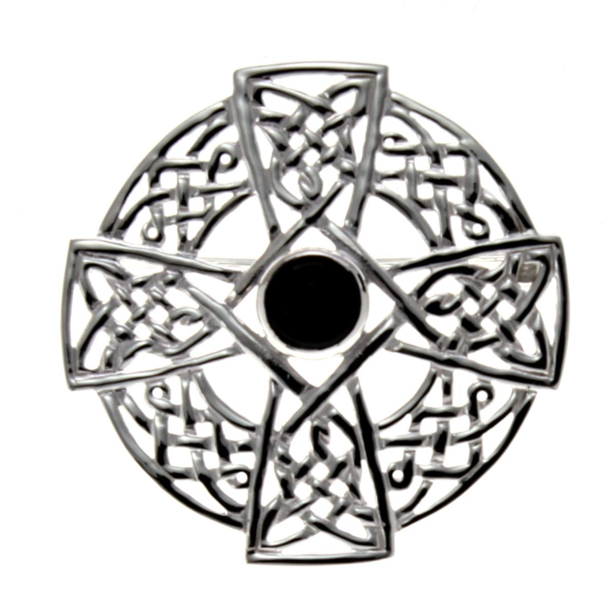 Alexander Castle 925 Sterling Silver Celtic Cross Brooch for Women - Ladies Brooch Pin with Black Cubic Zirconia & Jewellery Gift Box - 35mm x 35mm