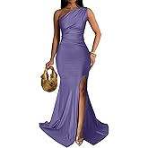 Memoriesea Women's Sexy One Shoulder Ruched High Split Evening Maxi Formal Dress