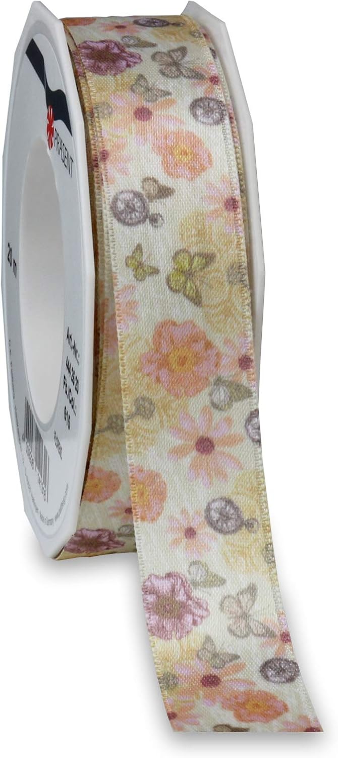 Präsent - Florenz Printed Satin Ribbon Light Yellow 25 mm Width, 20 m Length, Pink