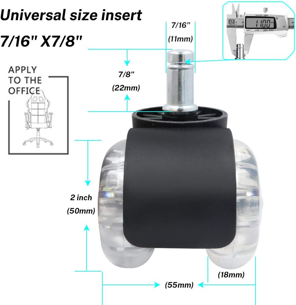 Office Chair Caster Wheels, 2 inch Double Wheel Transparent casters, Newly Revolutionary Ball Bearing Design, Soft Rubber Caster Heavy Duty Safe Protection for All Floors Set of 5 : Office Products