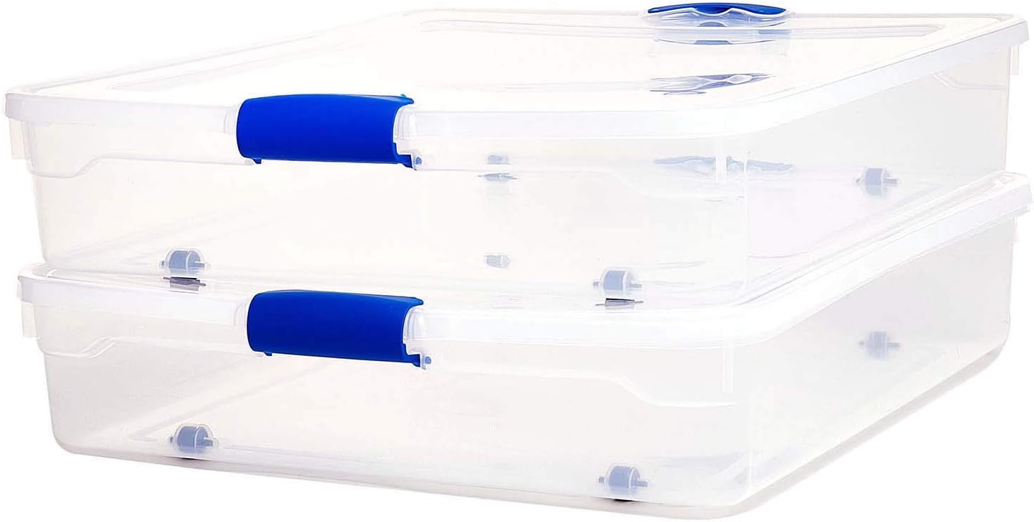 Homz Plastic Underbed Storage, Stackable Storage Bins with Blue Latching Handles, 60 Quart, Clear, 2-Pack: Home & Kitchen