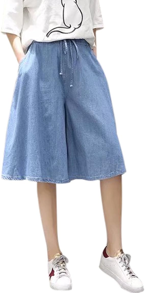 Gihuo Women's Casual Denim Culottes Shorts Elastic Waist Wide Leg