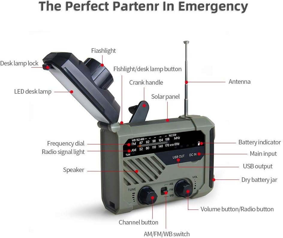 YIFENG Emergency Solar Hand Crank Portable Radio, NOAA Weather Radio for Household and Outdoor Emergency with AM/FM,Reading Lamp,LED Flashlight, USB Charger 2000mAh Power Bank and SOS Alarm: Home Audio & Theater