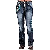Flamingals Women Floral Bootcut Jeans Mid Waist Ripped Jeans Vintage Denim Pants with Pockets