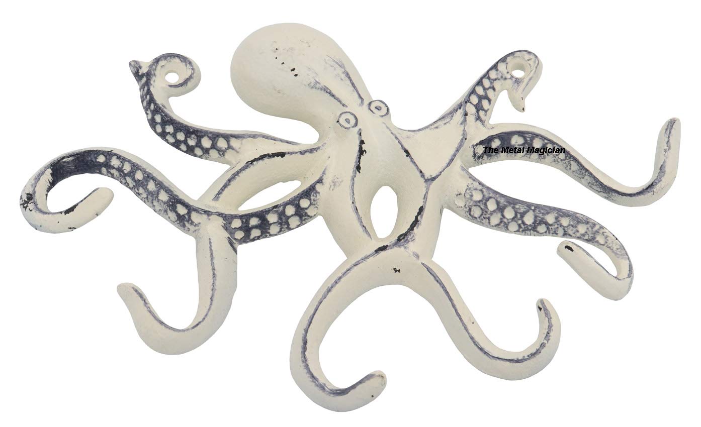 Octopus Keys Hook, Decorative Wall Mounted Nautical Wall Rack, Antique Key Holder Hook, Cast Aluminum Hanger for Coat, Hand Towel, Jacket, Bedroom, Bathroom, Kitchen & Balcony (Distressed Ivory)