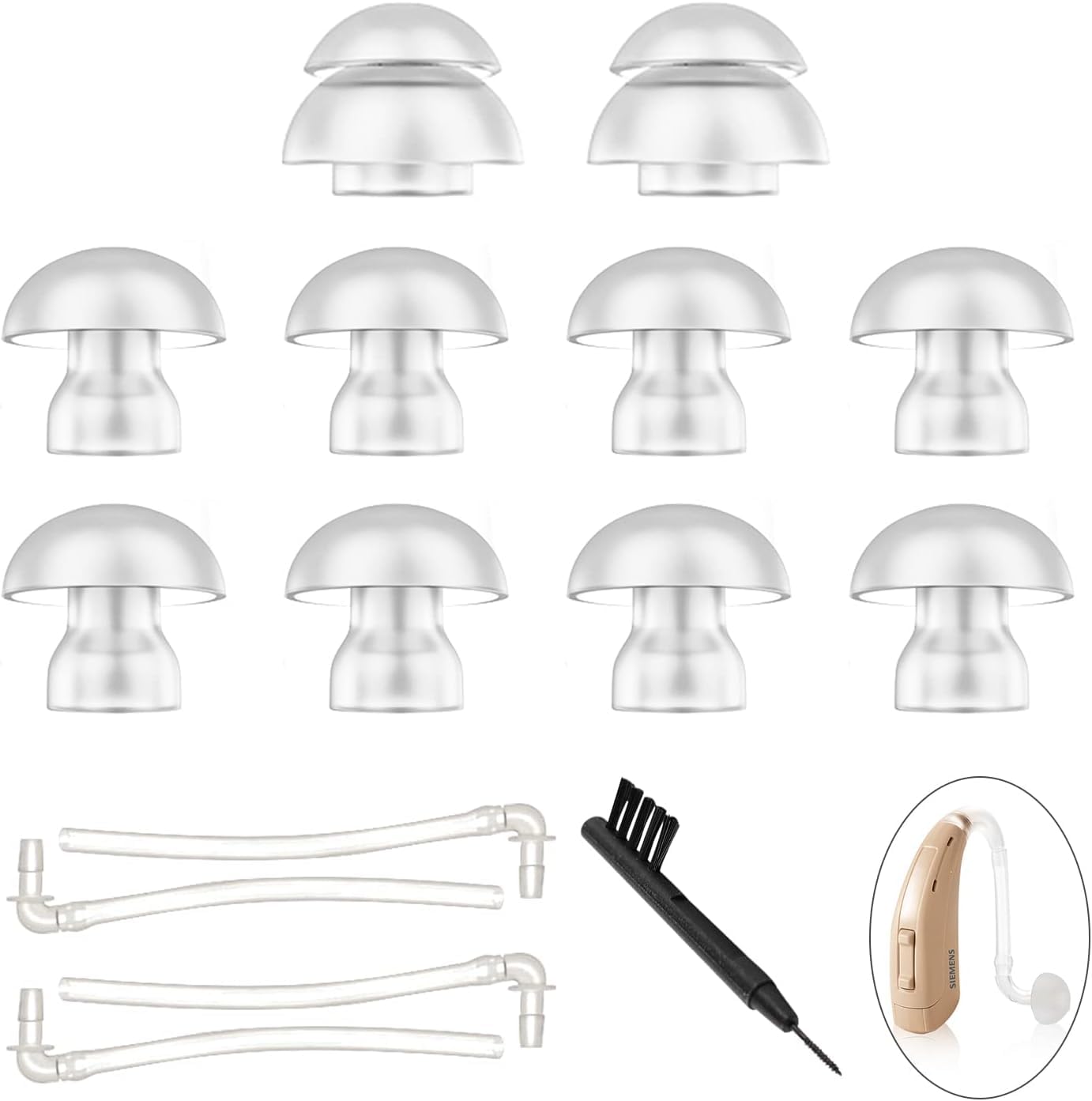 Powerful 15 Pack Hearing Aid Domes with Tubes, 12mm and 14mm Silicone Replacement Ear Tips, Hearing Aid Accessories with Cleaning Tool, Compatible with Most BTE Hearing Aids