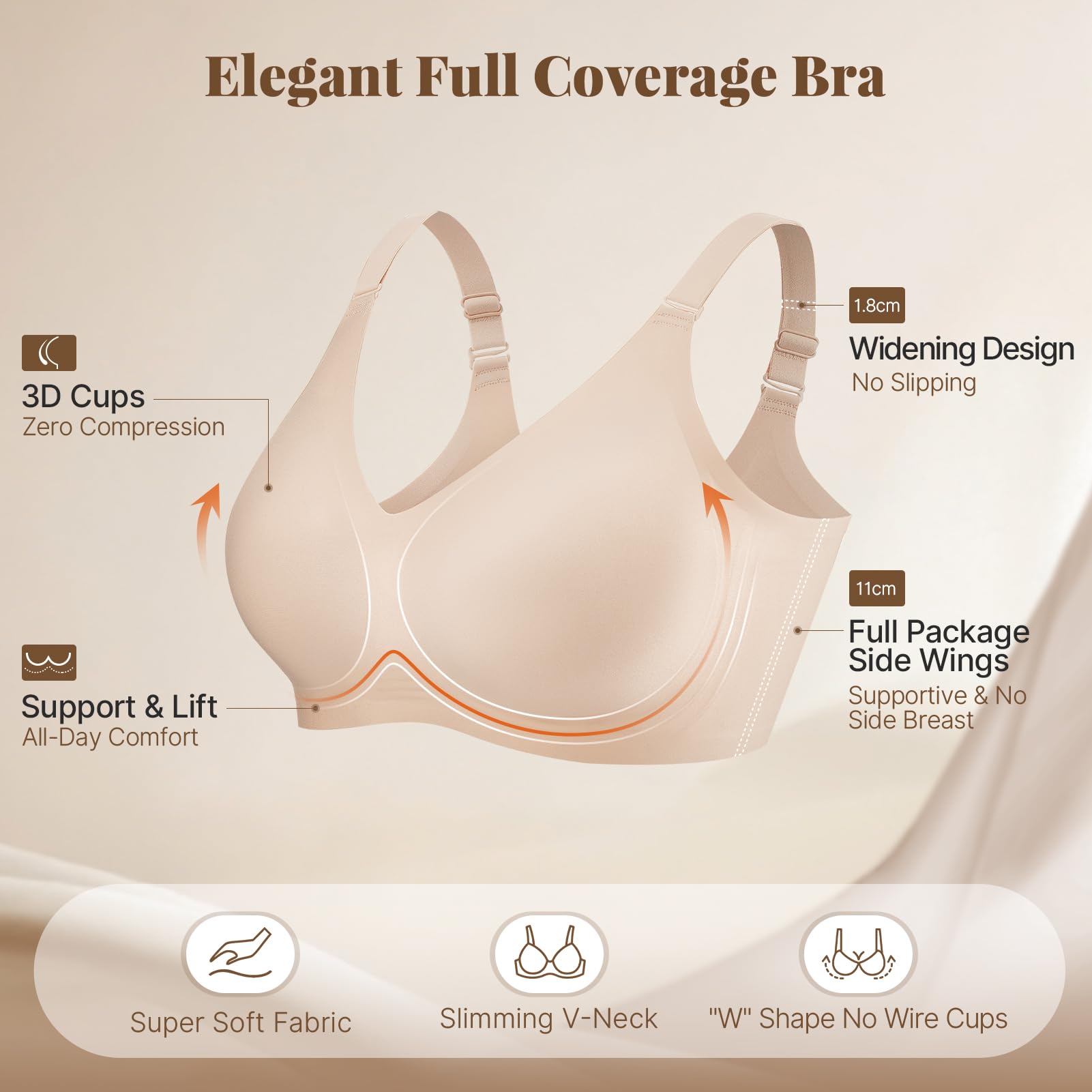 PQK Wireless Bras for Women Comfortable Seamless T Shirt Bras No Underwire V Neck Full Coverage Support and Lift (Size XL Nude)