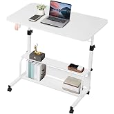 Adjustable Height Mobile Computer Desk,White Table for Home Office Bedroom | Portable Rolling Gaming Table with Wheels,Size 31.5x15.7 Inch for Corner Small Space
