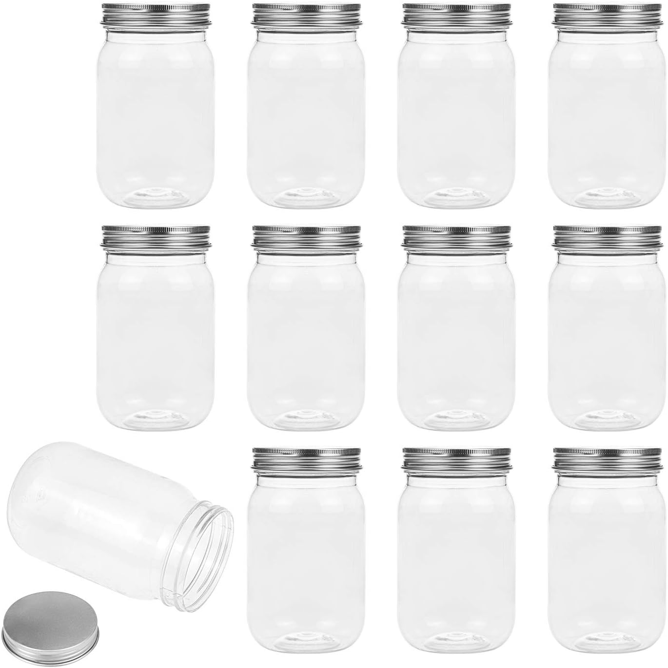 Tebery 12 Pack Plastic Mason Cocktail Cup Shatterproof Drinking Jar with Lidsm-16oz, 16oz-12