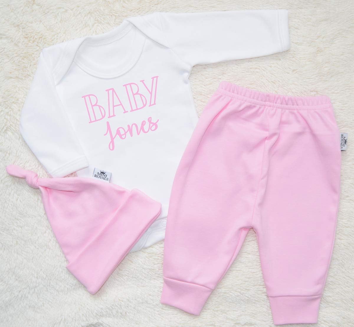 Personalised Baby Surname Organic Baby Vest Pants and Hat Set Babygrow New Baby Gifts Newborn baby Gifts Personalised Babywear Hospital Outfit Newborn
