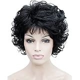 Klayss Short Synthetic Curly Wavy Wigs with Hair Bangs Lightweight Natural Looking Black Wigs for Women