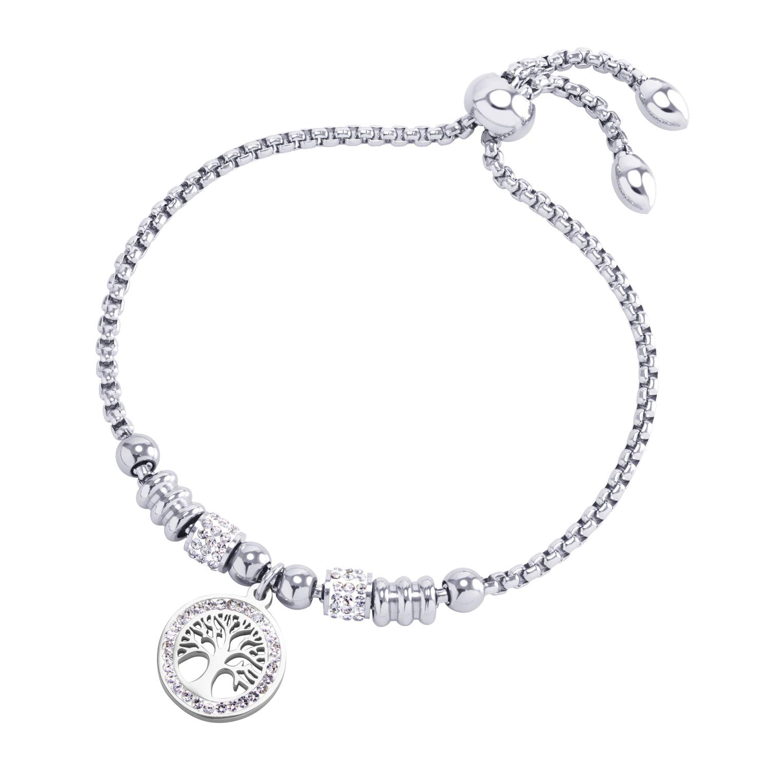 555Jewelry Stainless Steel Tree of Life Charm Bracelet, Adjustable Slider Cuff Bangle Beaded Bolo Bracelets for Women, Cubic Zirconia Bracelets for Women, Silver
