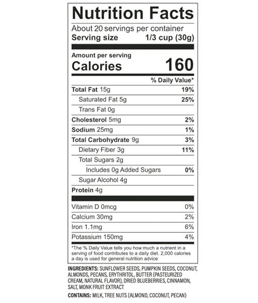 LOW KARB NUTRAIL, KETO BLUEBERRY NUT GRANOLA HEALTHY BREAKFAST CEREAL, LOW CARB SNACKS & FOOD, ALMONDS, PECANS, COCONUT AND MORE, 2G NET CARBS, 1.37 LB, 22 OZ
