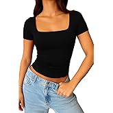 ForeFair Square Neck Top for Women - Going Out Summer Cute Short Sleeve Shirt Basic Ruched