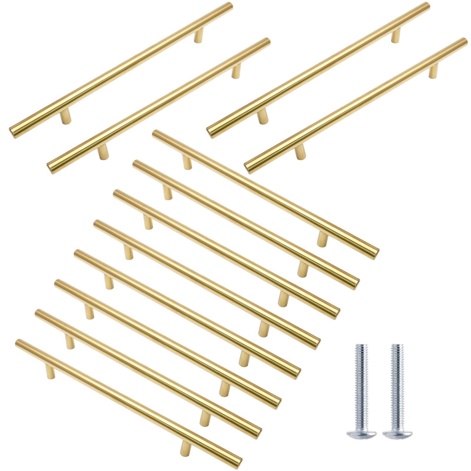 Cjueiom 12 Pack Gold Cupboard Handles 192mm Hole Center T Bar, Stainless Steel Drawer Pulls 300mm Length for Kitchen Cabinet, Wardrobe Door, Bedroom