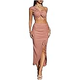 MakeMeChic Women's Two Piece Y2k Outfit One Shoulder Crop Tops and Ruched Split Bodycon Midi Skirt Set