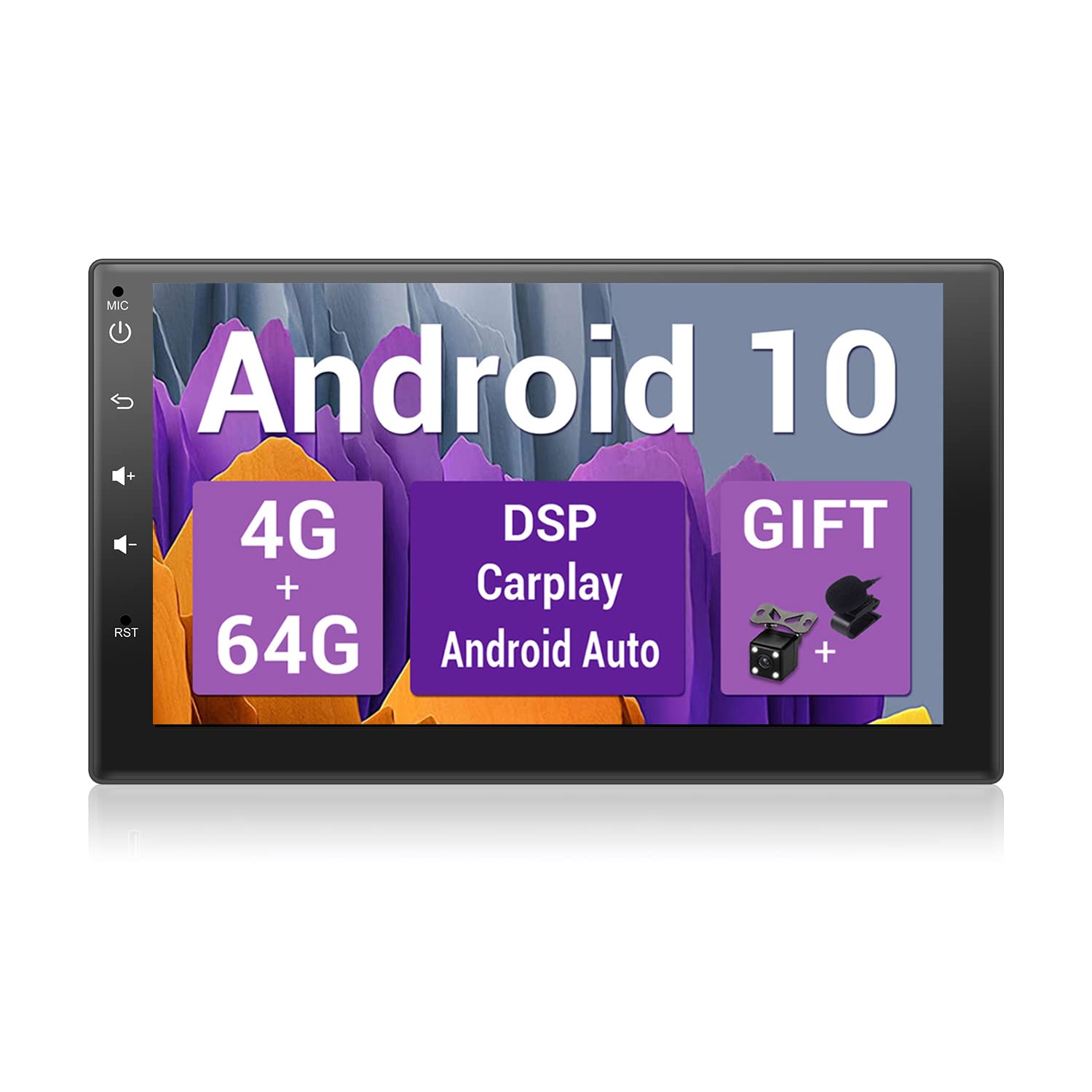 SXAUTO Android 10 Double DIN Car Radio - [4G + 64G] - Built-in DSP/Carplay/Android Car/GPS - 4LED Reversing Camera Free - 7 Inch - Supports DAB Steering Wheel Control 4G WiFi BT Fast Boot 360 Camera