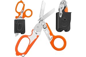 Leepenk 6 in 1 Multi-function Foldable Trauma Shears with Compatible Holster, Emergency Response Scissors Outdoor Camping Emergency Tools With Strap Cutter and Glass Breaker (Orange)