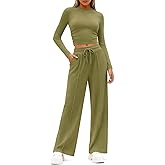 Catheive Womens 2 Piece Lounge Set Matching Travel Fall Outfits Long Sleeve Crop Top Wide Leg Pants