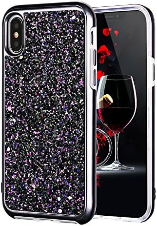 iPhone X Case, iPhone X Screen Protector, Glitter Bling Sparkly Dual Layer Shockproof Protective Cover [Hard PC Back, Soft TPU Inner] with Lanyard Slim for Apple 5.8" iPhone X /10 (Black)