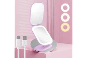 Benbilry Lighted Compact Travel Mirror with 3 Color Lights, 1X/3X Magnifying Ultra Slim Rechargeable Pocket Mirror for Purse, 2-Sided, Handheld, Folding, Portable, Purple