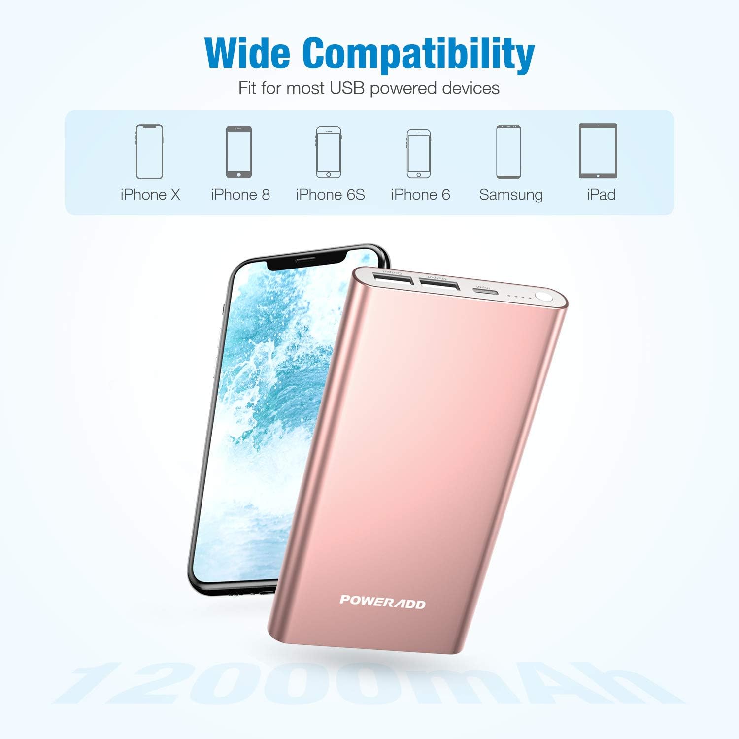 POWERADD Pilot 4GS 12000mAh 8-Pin Input Portable Charger External Battery Pack with 3A High-Speed Output Compatible with iPhone, iPad, iPod and More - Rose Gold (8 Pin Cable Include)