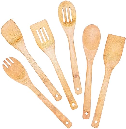 Xqk 6 Stuks Houten Kookgereiset Bamboe Keukengerei Eco Spatel Lepels Slalepels Levensmiddelenmix Gereedschappen Voor Antiaanbakpotten En Pannen Amazon Nl